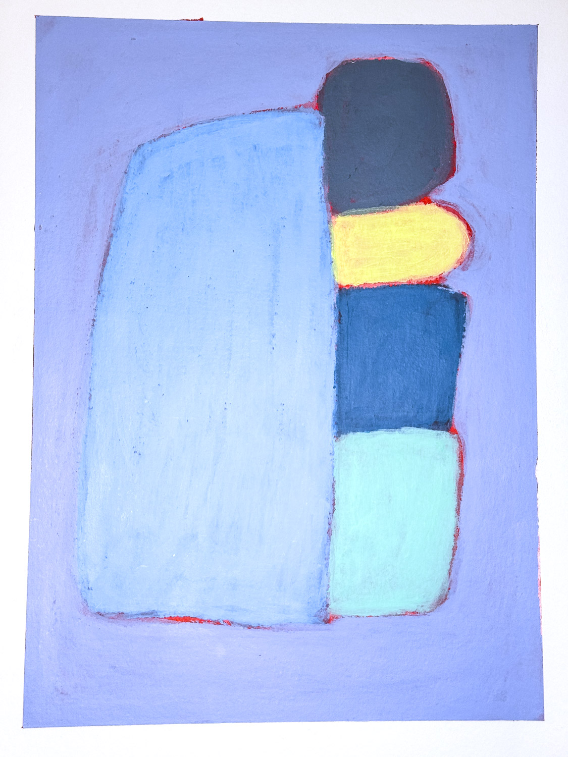 Abstract painting in layered blues with a red underpainting visible at the edges