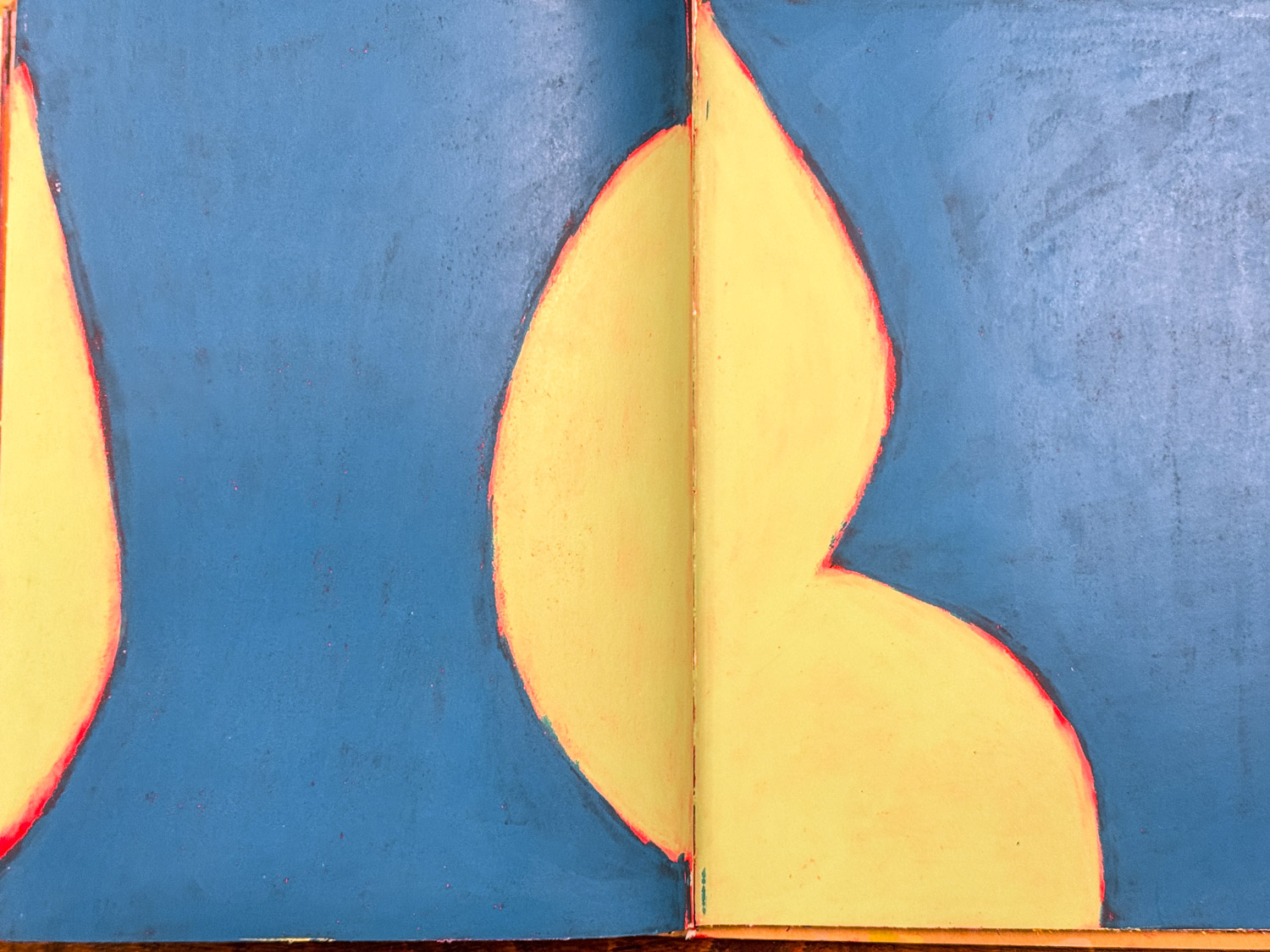 Abstract yellow forms on a deep blue ground with red underpainting visible along the edges